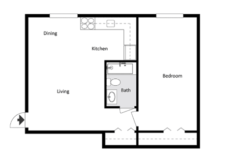 A floor plan of a small apartment with a kitchen, bathroom, and bedroom.